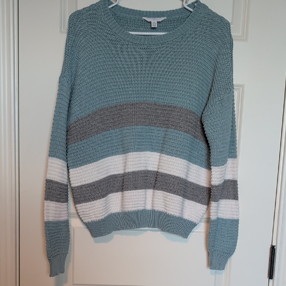 Time and Tru Striped Crew Neck Sweater - Teal, Gray, and White, Medium PTP 23